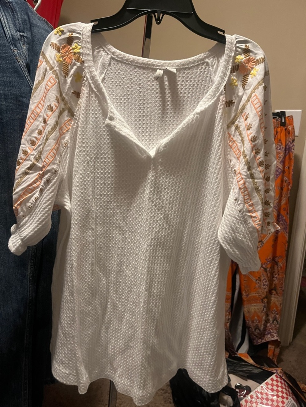 Cato White Waffle Knit Tunic with Peach & Yellow Embroidery